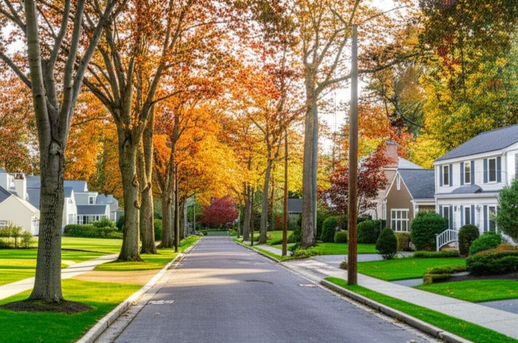 Quiet residential street in autumn colour, maples arching over the road with clapboard houses set back behind lawns