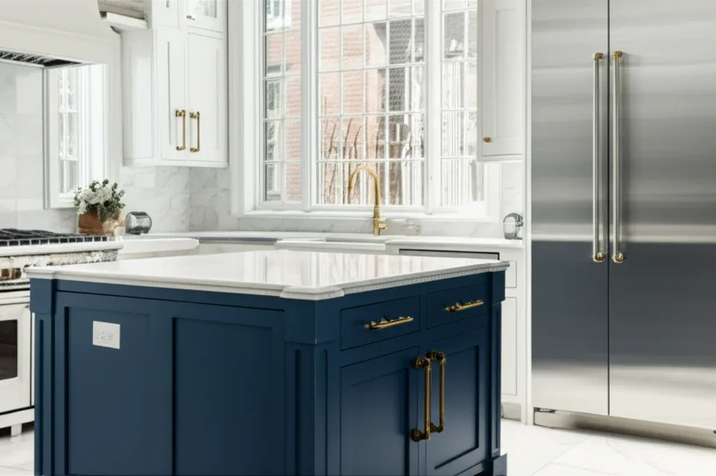 White kitchen with a deep navy island under marble, a tall stainless built-in refrigerator standing at the end of the run