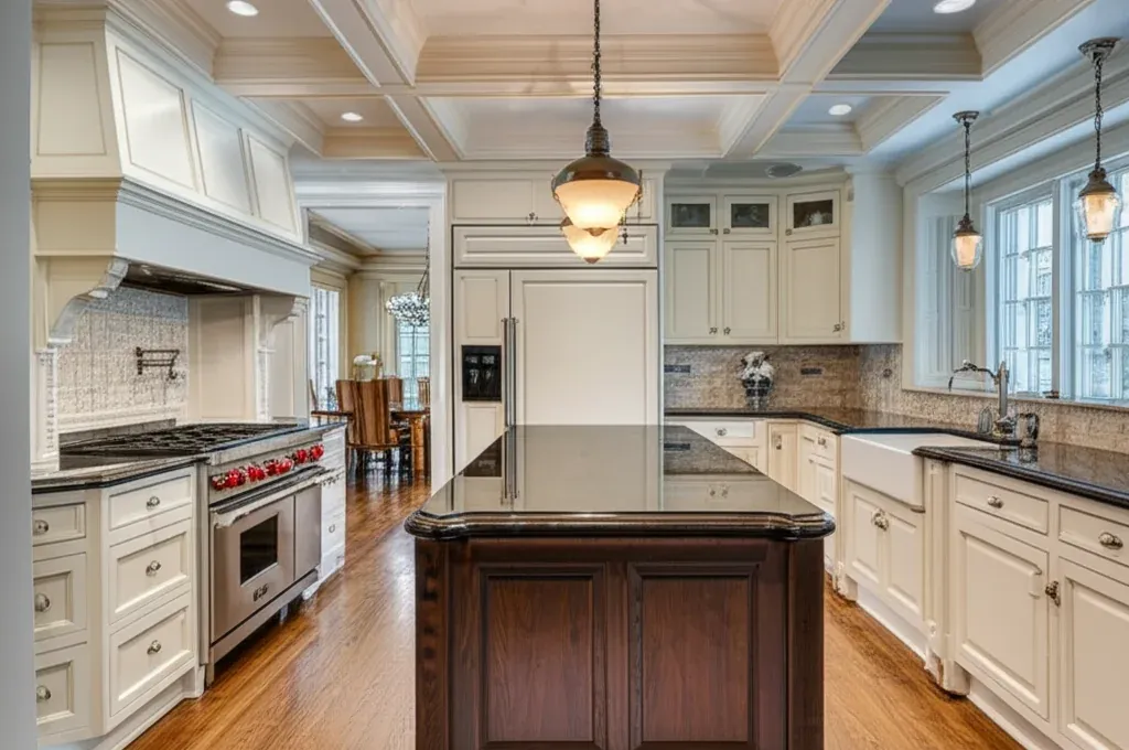 Large cream kitchen with a coffered ceiling, a dark wood island under a hanging lantern and a professional range against the back wall