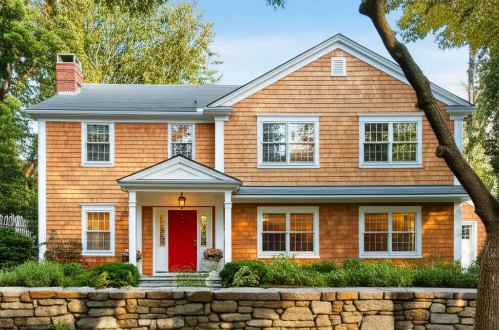 Shingled colonial house with a red front door under a white portico, a low stone retaining wall along the front