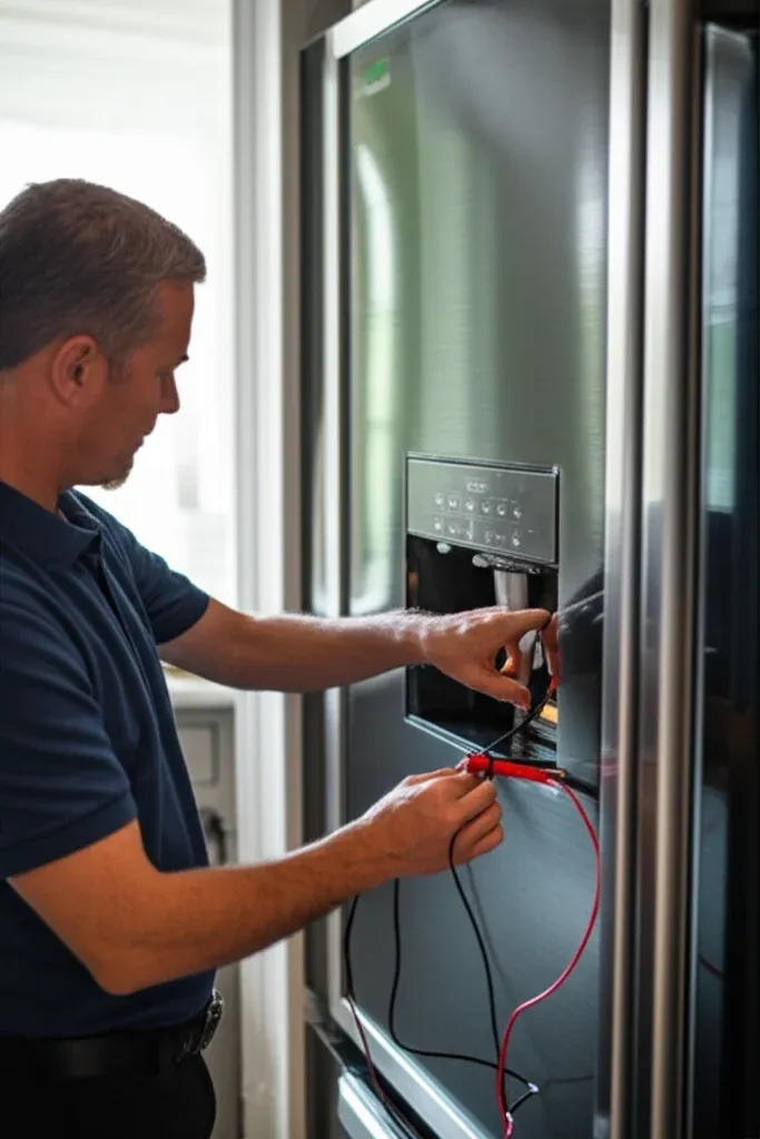 Red and black meter leads hooked into the dispenser recess of a tall stainless refrigerator door with the panel opened above