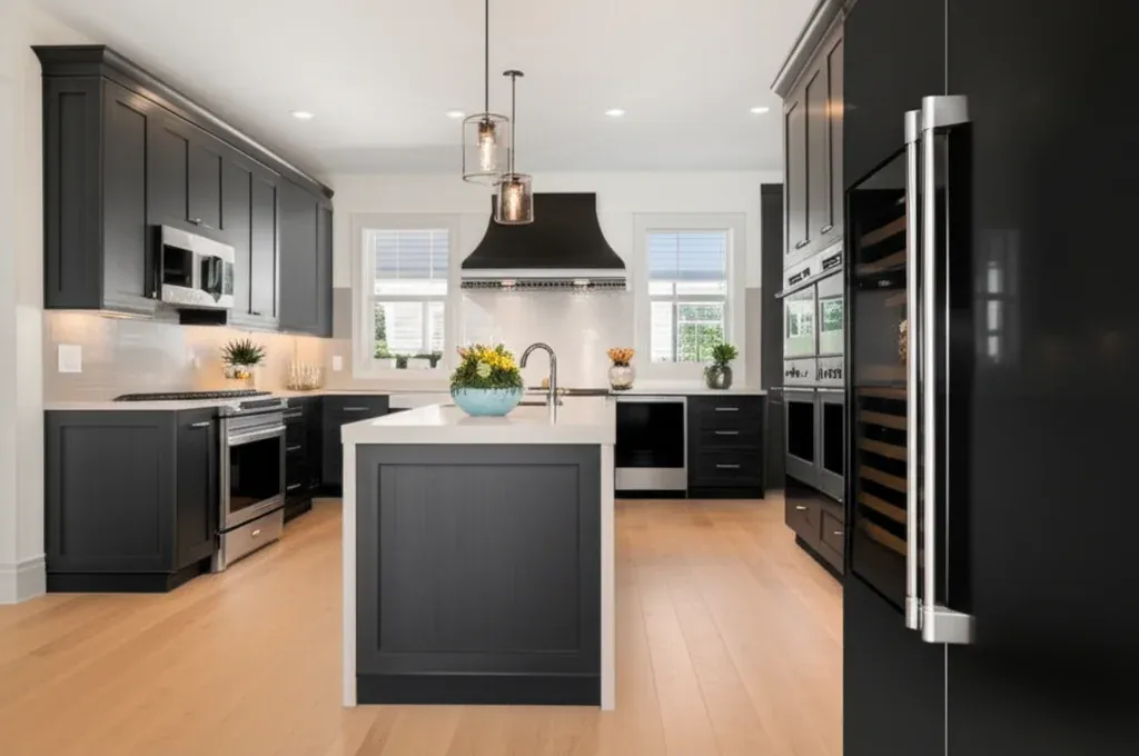 Charcoal kitchen with a white island, a full-height glass-fronted wine cabinet with horizontal timber racks standing in the foreground