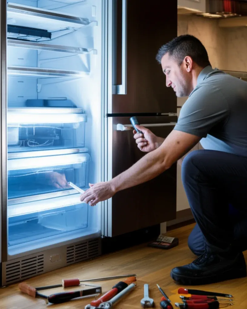 Freezer column standing open with its interior lit white, glass shelves and clear drawers visible, hand tools on the floorboards in front